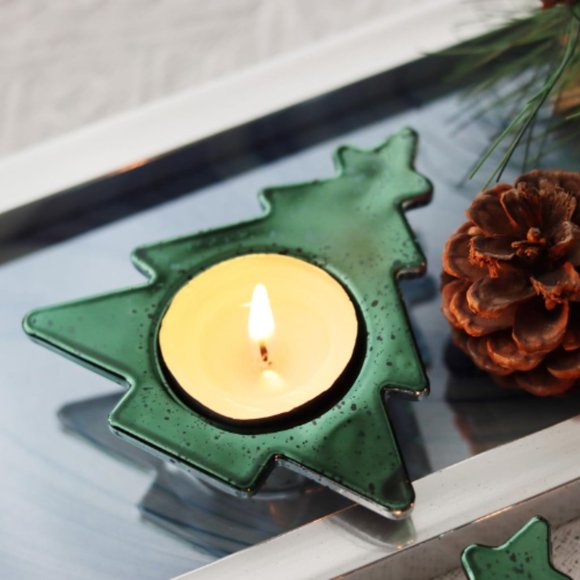 Set of 6 - Green Pine Tree - Mercury Glass Tealight Candle Holders - Picture 2 of 10